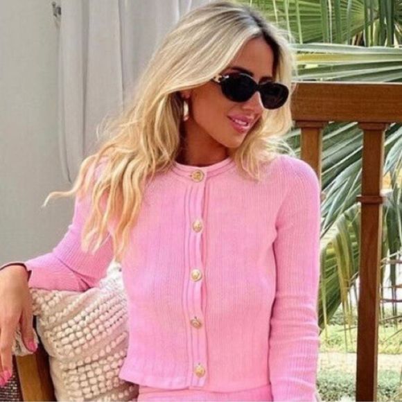 Zara Pink Knit Button Down Cardigan Sweater Women's Size M Barbiecore Academia - Picture 2 of 11